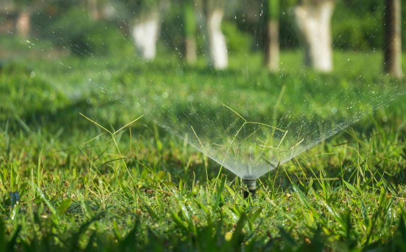 Residential irrigation systems watering turf grass.