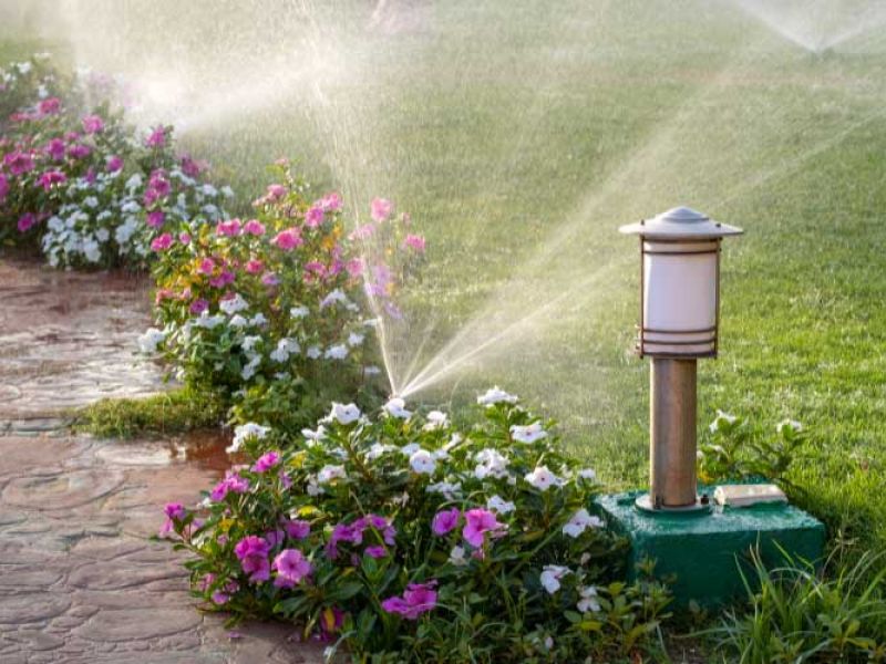 Irrigation system providing flower beds with water.